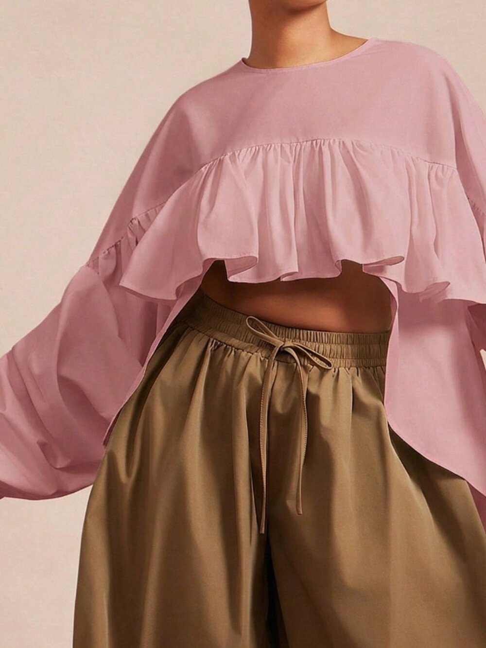 Dusty Pink Casual Women's Woven Ruched Hi Low Hem Ruffle Top, Bold Cropped Top - Picture 4 of 5